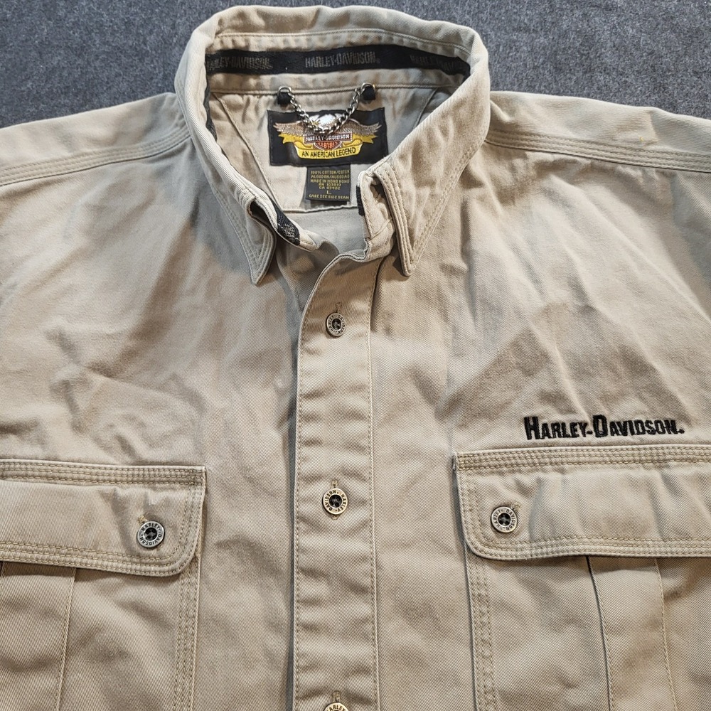 Harley Davidson Men's Button Front Long Sleeve Tan Shirt Large Hit On Back Vntg